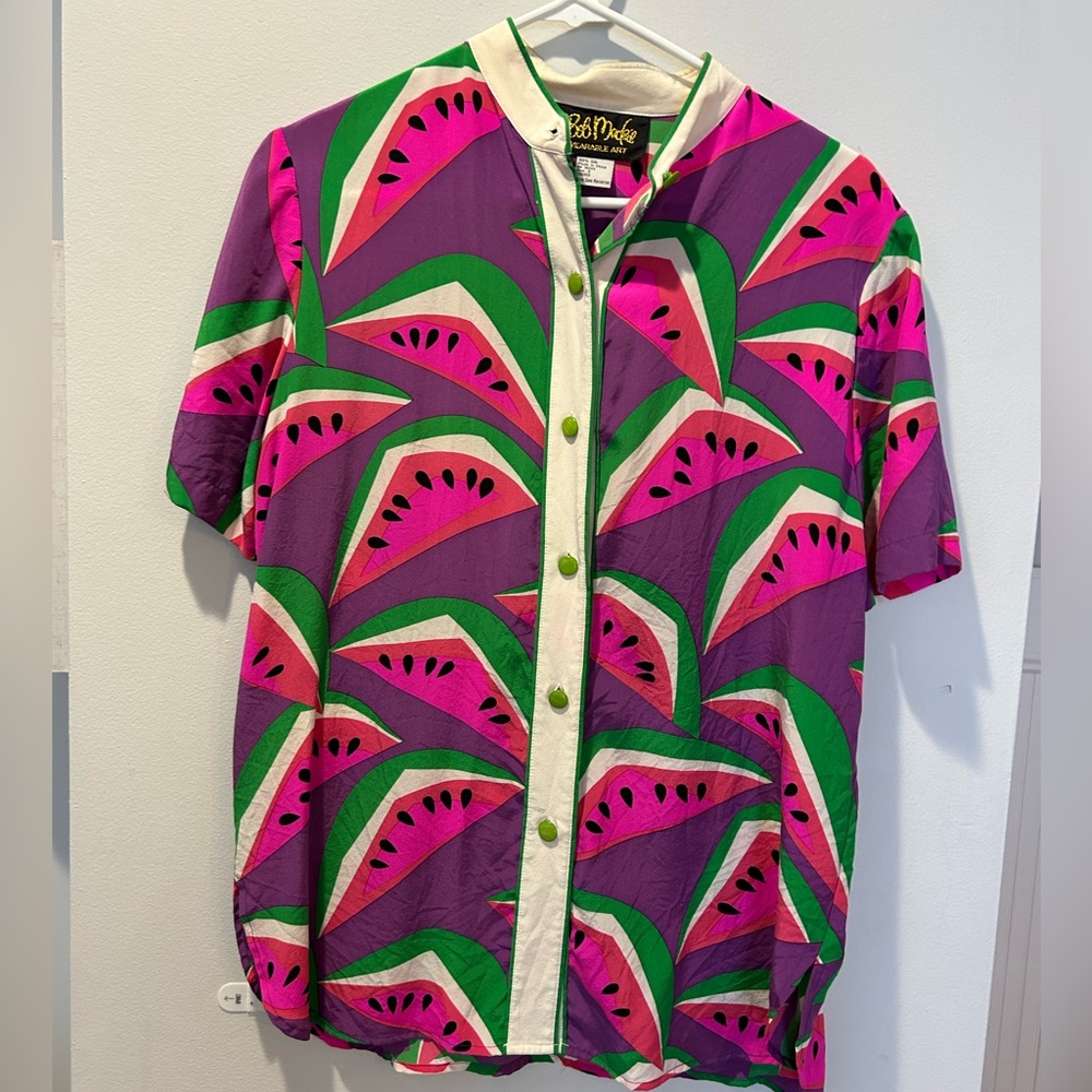 Bob Mackie Wearable Art Watermelon Print Button-Down Shirt – Purple & Green